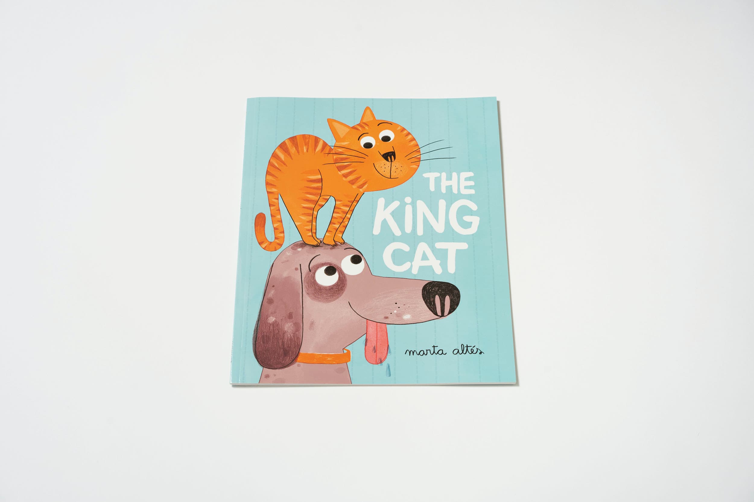Image of a book called 'The King Cat' which has a cover showing an illustration of a smiling cat sitting on a smiling dog's head.