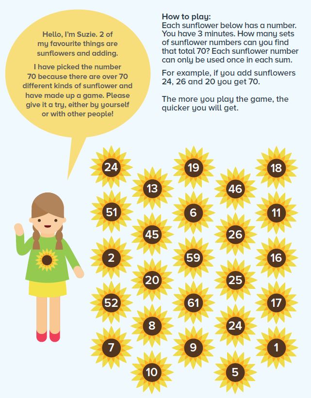 Image of a cartoon child, with text explaining a maths puzzle involving sunflowers.