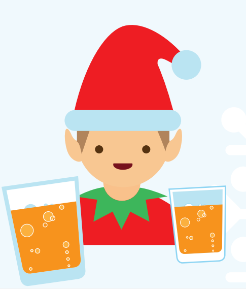 Image of an illustration of a child wearing an elf hat next to two glasses of juice.