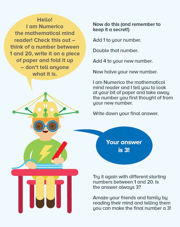 Image of a cartoon image of a boy sitting on a chair, with text on the image explaining a maths puzzle.