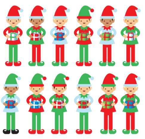 Image of an illustration of two rows of Christmas elves holding gifts.