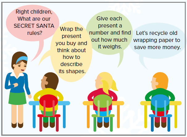 Image of a teacher and three children in a classroom, with speech bubbles about Secret Santa.
