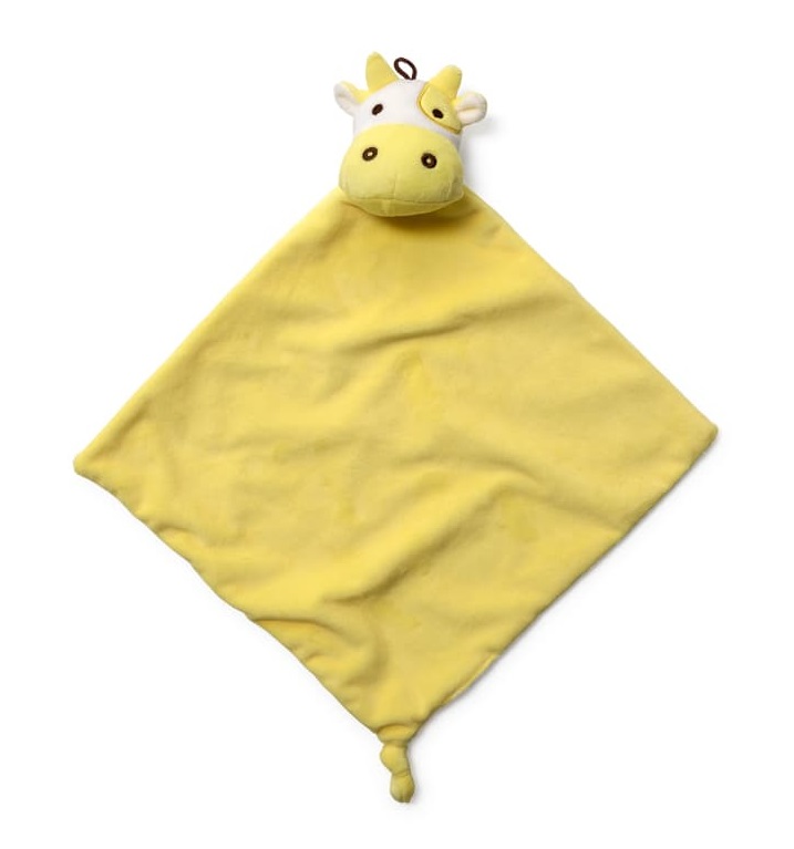 Yellow comforter toy with a cow's head, from the Baby Box