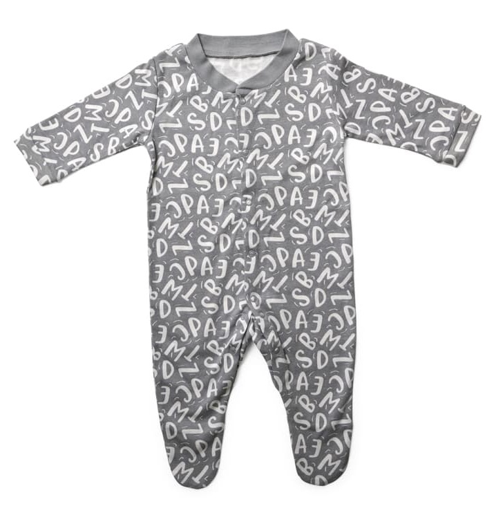 Grey and white long-sleeved sleepsuit with alphabet pattern