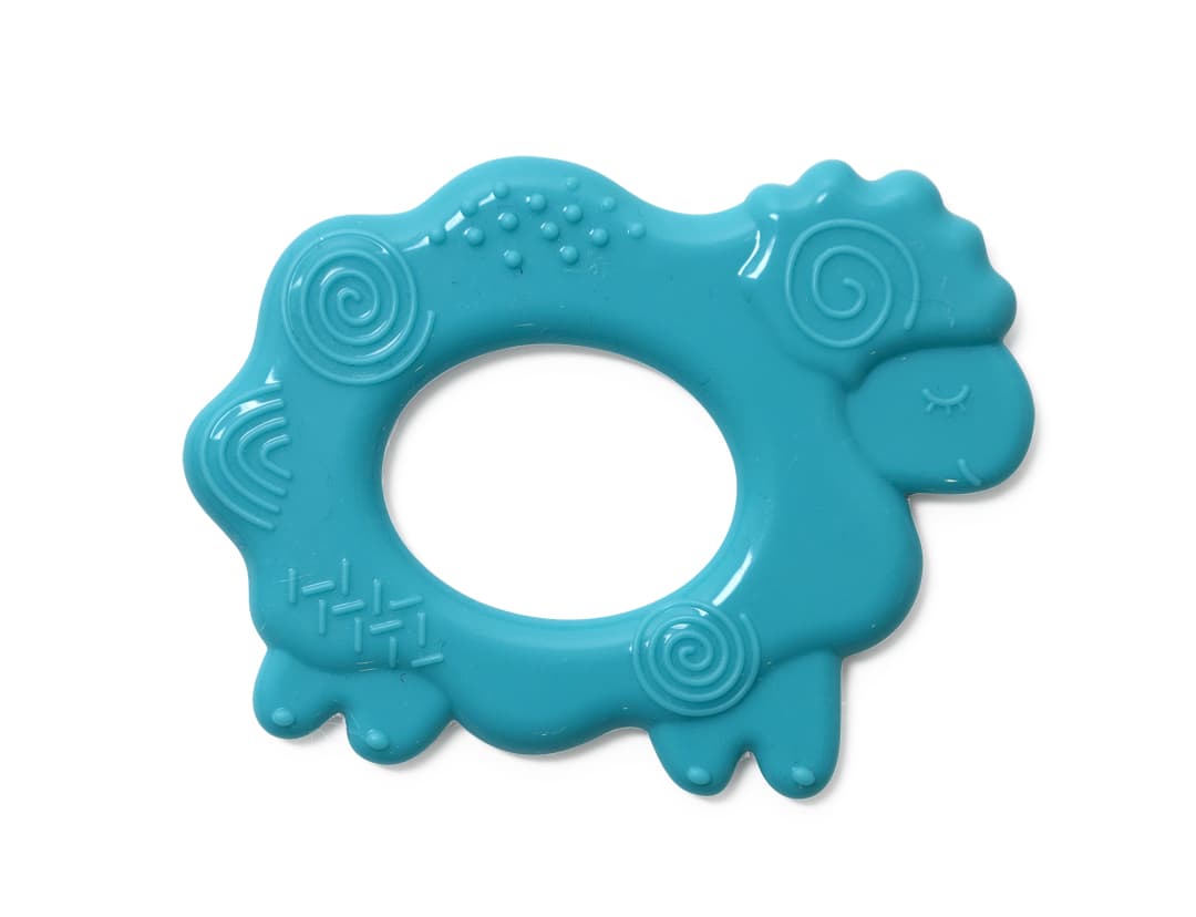 Teal coloured teething ring from the Baby Box in the shape of a sheep