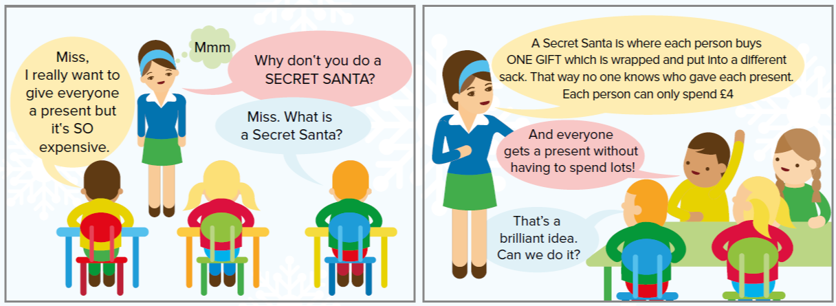 Comic strip: Miss Eltow's class discuss holding a Secret Sants